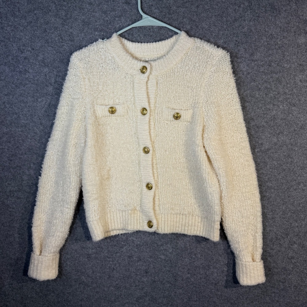 American Eagle‎ Cream Fuzzy Gold Button Front Cardigan Sweater XS Petite